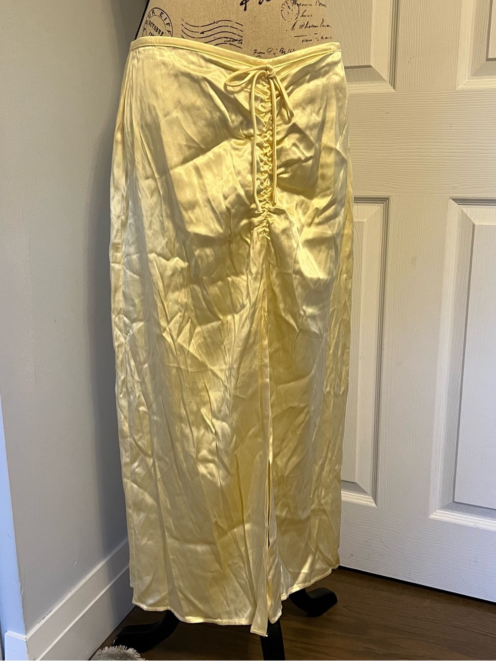 Zara Pale Yellow Satin Lace-Up Maxi Skirt